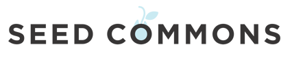 Seed Commons' logo, in all caps showing a pale green seed behind the first 'o' in the word 'commons'.