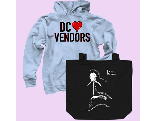 A photo of some BCI merch, including a hoodie that says "DC Loves Vendors" and a tote bag with a graphic of a plant.