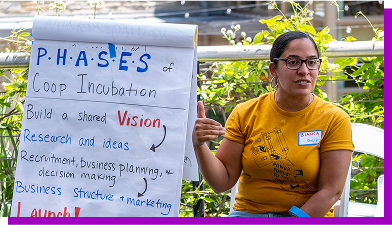 A person sits next to a chart, and appears to be mid sentence. The chart reads some information about co-op incubation.