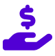A purple icon of a hand holding a dollar sign.