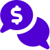 A purple icon of two chat bubbles, one with a dollar sign inside of it.