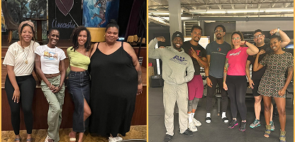 Two pictures are collaged side by side. One shows four Black femme people posing and smiling at the camera. The other shows a group of people, some flexing their biceps, also standing and smiling at the camera. Two pictures are collaged side by side. One shows four Black femme people posing and smiling at the camera. The other shows a group of people, some flexing their biceps, also standing and smiling at the camera.